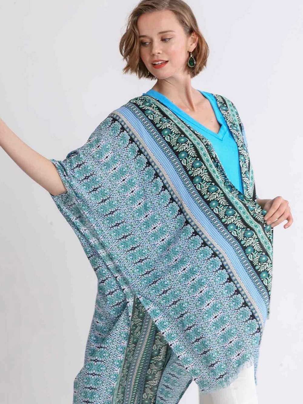 Umgee Border Print Open Front Kimono with Side Slits Green Size S/M NWT IN PKG
